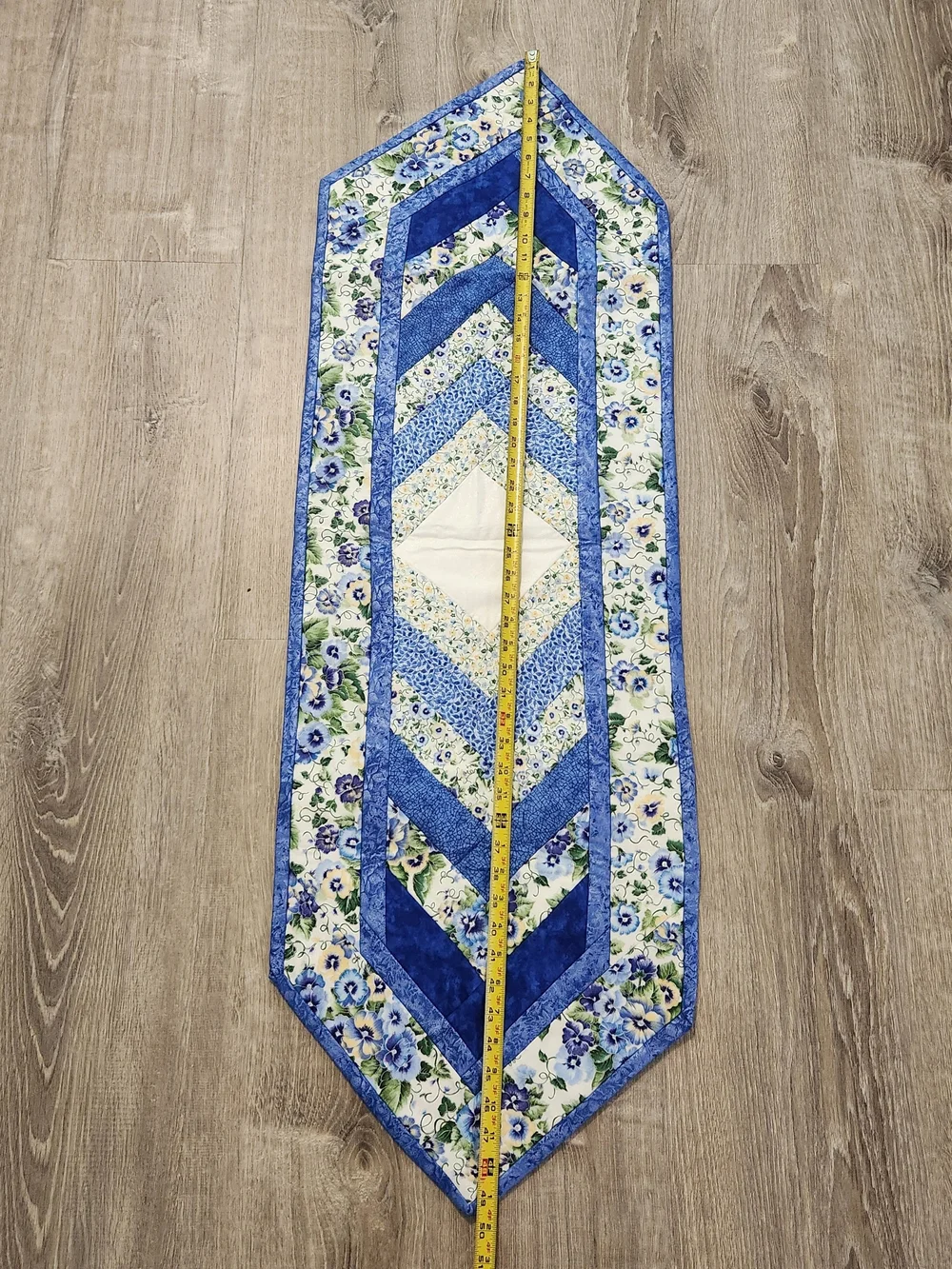 Handcrafted Blue & White Floral Quilted Reversible Table Runner with Pansies